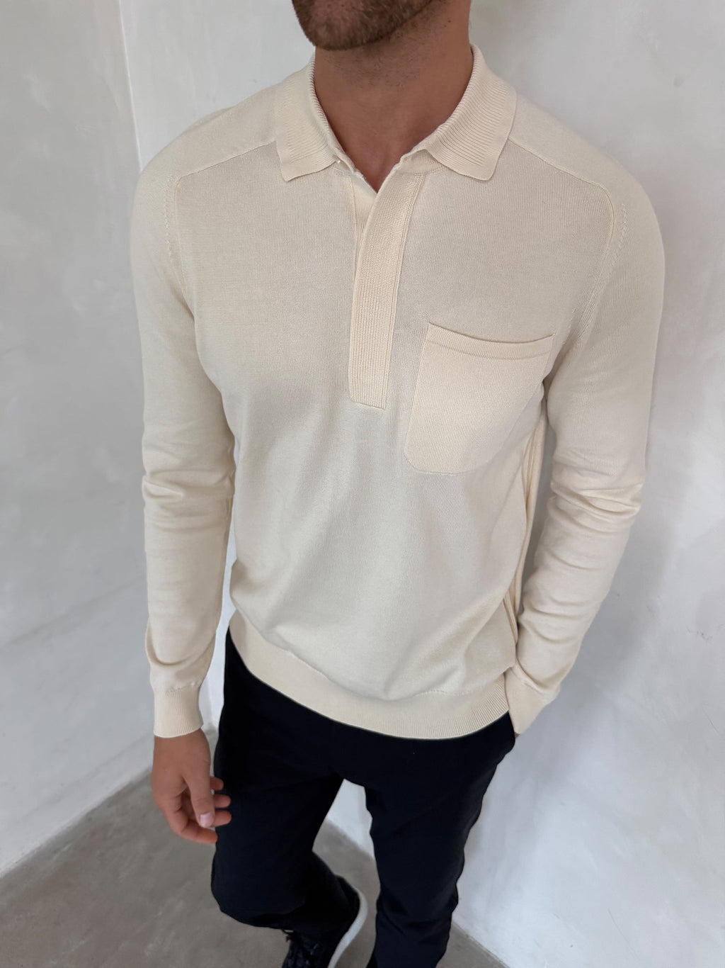 Concealed Button Long Sleeve Polo Shirt