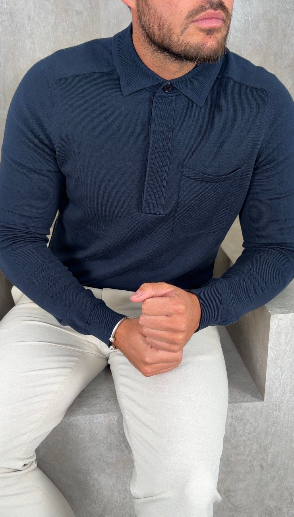 Concealed Button Long Sleeve Polo Shirt