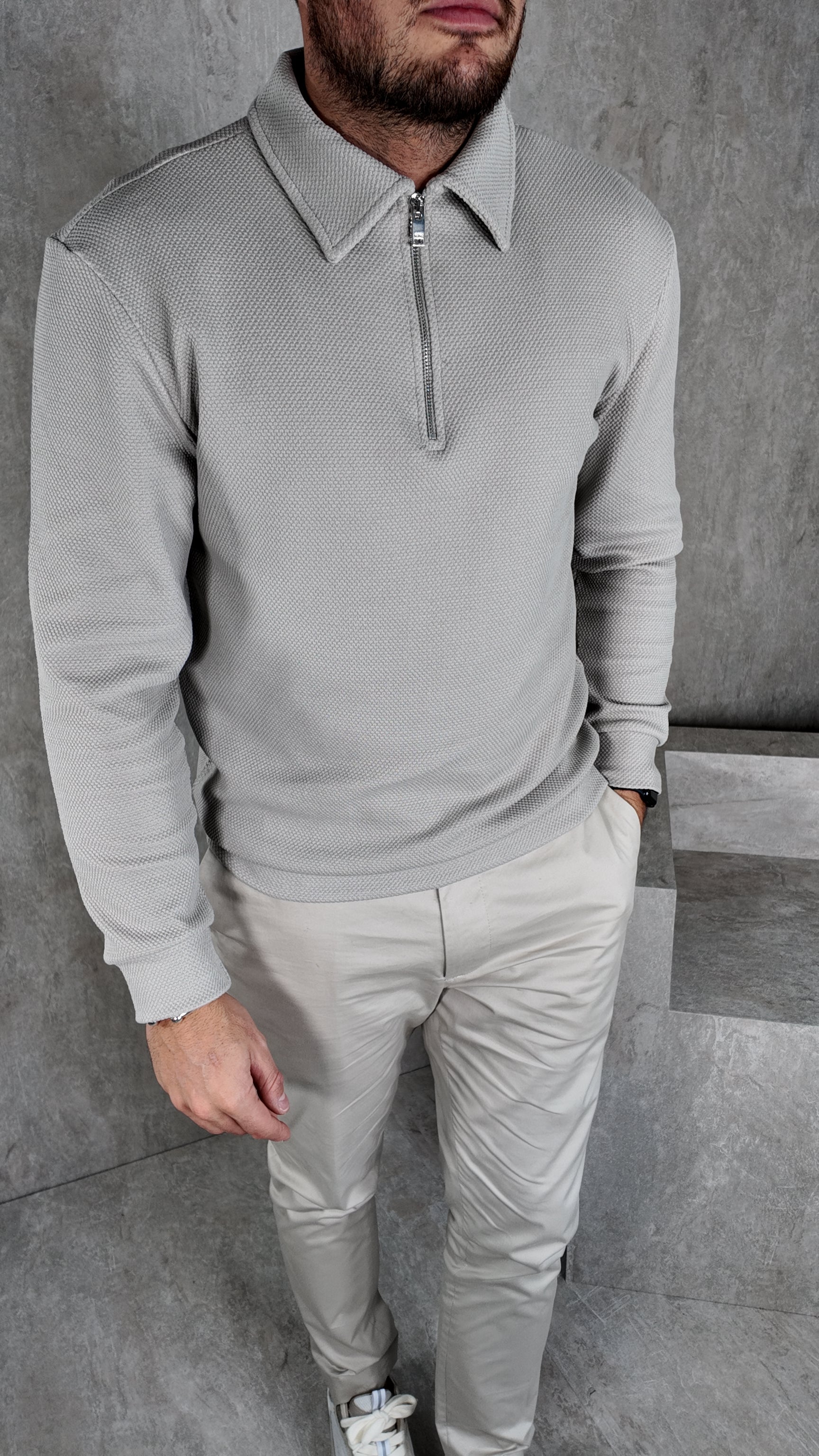 Textured WAFFLE LONG SLEEVE POLO ECRU